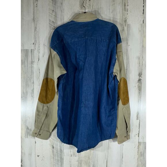 Tango Max Rabb Button Up Shirt Size Large Denim 100% Cotton Elbow Patch READ - Picture 2 of 12